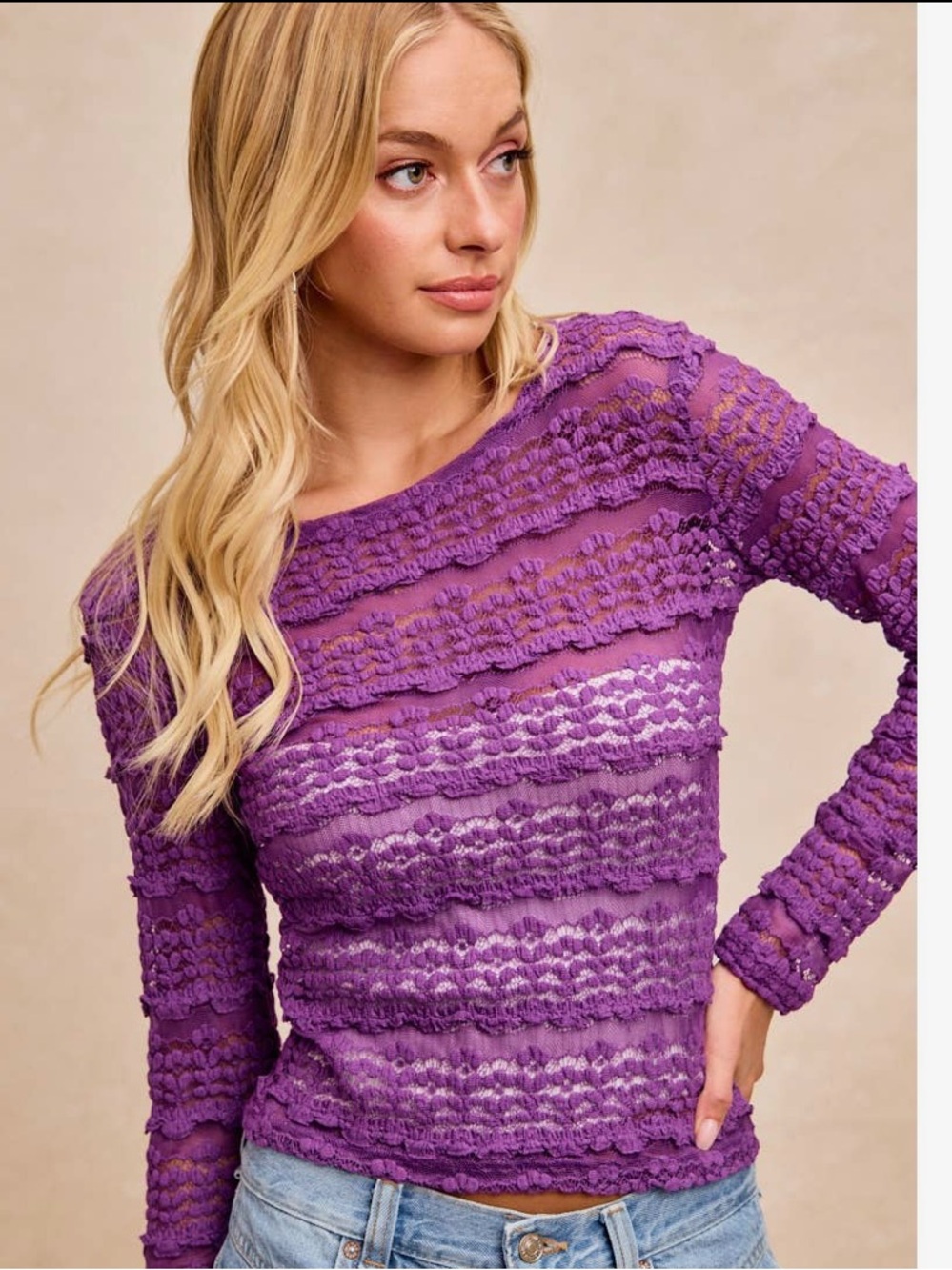 286. BiBi Purple Ruffle & Lace Sheer Long Sleeve Top